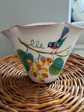 Vintage Italian Hand Painted Ceramic Bowl Bird Fruit Signed Pottery